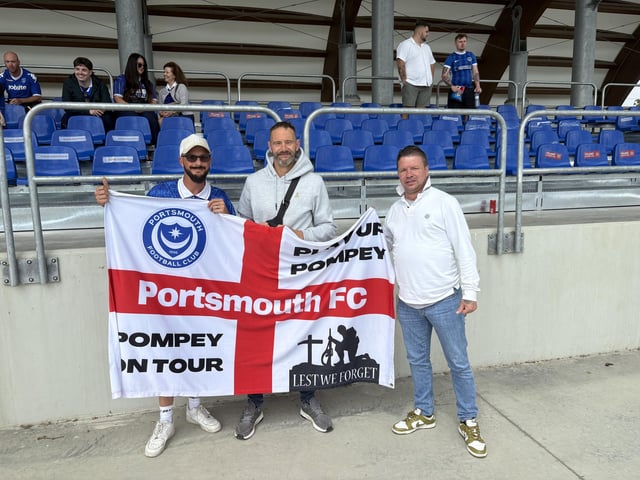 Phil Hancock, aged 41 from Southsea, Shaun Truman, aged 39 from Fratton, and Ant Cripps, aged 45 from Portchester, at Pompey's open training session at the X-Bionic Sphere Sports Centre in Šamorín, Slovakia.