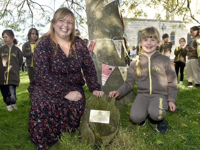 Pictured is: (l-r) Fiona Montgomery who originally planted the tree with Zoe Widdows (7).
Picture: Sarah Standing (150523-4051)