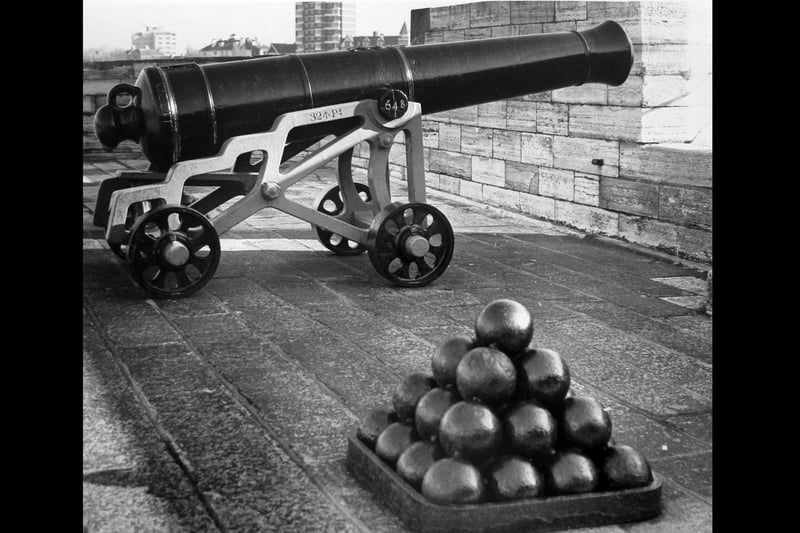 Southsea Castle 32 pounder on iron garrison carriage. March 1973