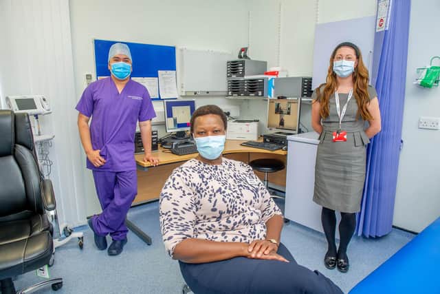 St Mary s NHS Treatment Centre has invested in new telemedicine equipment and training in order to protect patients from potential exposure to the coronavirus on 25 August 2020.Pictured:  Head of nursing-Alberto Anajo, Sizwie Turner-Out patients manager and Louise Quirk, Patience Service Manager at St Marys Treatment Centre, Portsmouth.  Picture: Habibur Rahman