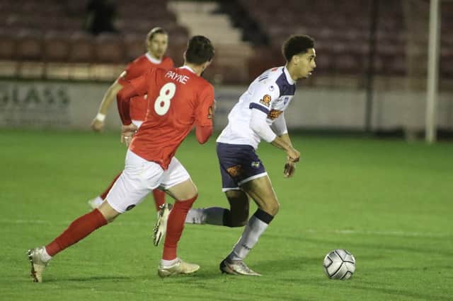 Leon Chambers-Parillon on his debut for Hawks at Ebbsfleet. He is available again for Tuesday's trip to Welling United. Picture: Kieron Louloudis