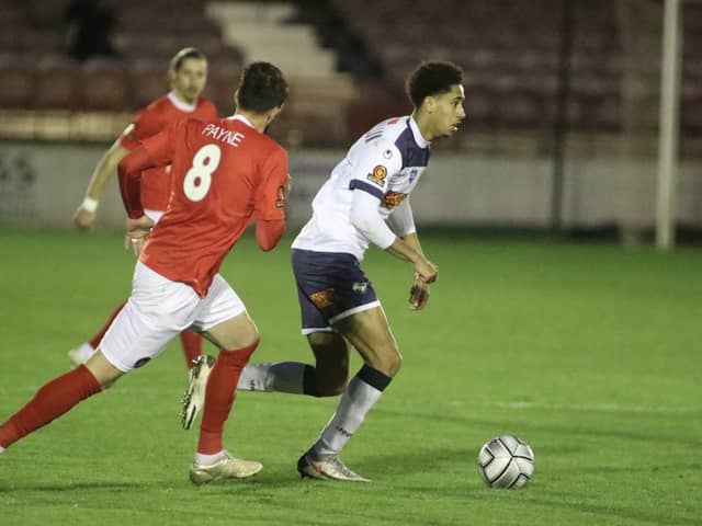 Leon Chambers-Parillon on his debut for Hawks at Ebbsfleet. He is available again for Tuesday's trip to Welling United. Picture: Kieron Louloudis