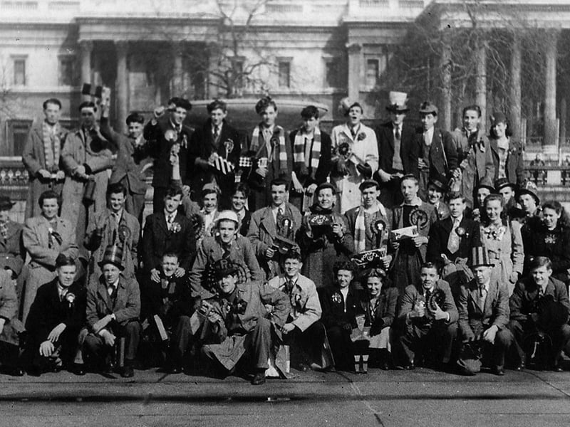 Sent in by Rob Mitchell of Hilsea, we see a crowd of fans at Trafalgar Square en-route to watch Pompey play Leicester City the F.A. Cup semi final of 1949. His father Bob Mitchell is among them.