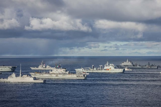 Pictured: HMS Prince of Wales, USS Paul Ignatius, HMS Portland, HNLMS Karel Doorman, HNOMS Magnus Lagabote, RFA Tidespring, HNOMS Olav Tyrggvason, ITS Giuseppe Garibaldi and FS Normandie