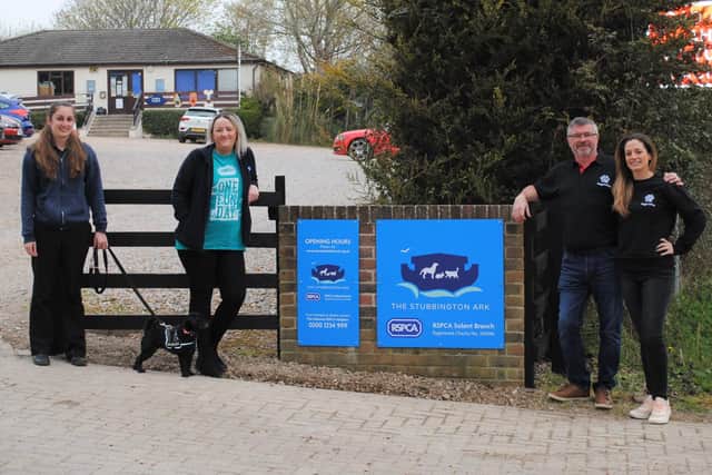 Rachel Hall, business manager at The Stubbington Ark, Kirstie Blakeley, animal centre manager and Lucy the dog with Lee Brown and Lisette van Riel from DoggyLottery