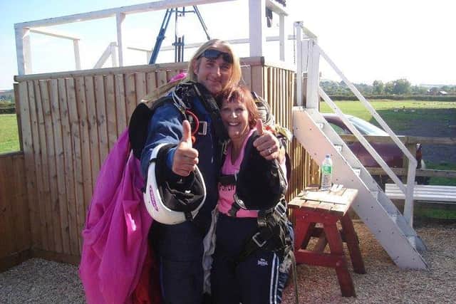 Sharon after her first sky dive fundraiser.