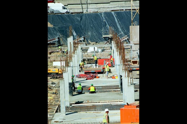 Construction workers work on the lower underground car parking level at Gunwharf Quays in 1999. Picture: The News 992549-2