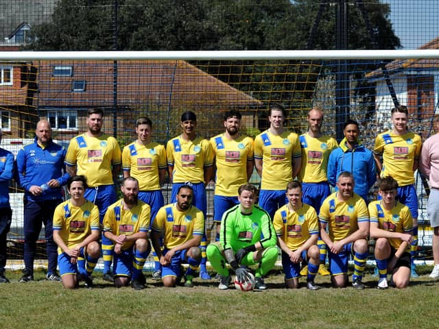 Meon Milton, 2020/21. Back (from left): Bob Beckett (club representative), Chris Kreisz, Chris Foy, Dan Edwards, Aran Singh, Dale Holmes, Sam Fowler, Barry Jeans, Bickram Singh (manager), Bayley Whitcombe, Matt Hickley (secretary). Front: Dylan Futcher, Adam Beckett, Jagjit Singh, Lewis Fisher, Matteo Berogna, Andy Edwards, Dan Gedling. Picture: Allan Hutchings