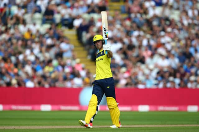 Joe Weatherley brings up his half century against Somerset. Photo by Ashley Allen/Getty Images.