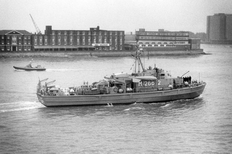 Undine, a German minesweeper, passing HMS Dolphin in Portsmouth Harbour in September 1983. The News PP5319