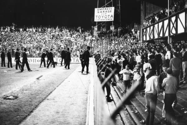 Police dealing with disturbances at Fratton Park in September 1986. The News PP1090