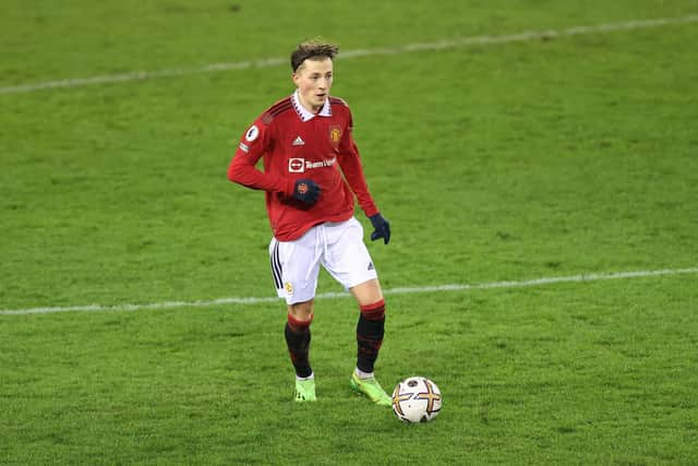 Charlie Savage of Manchester United is currently on loan with Forest Green Rovers. (Photo by Manchester United/Manchester United via Getty Images)