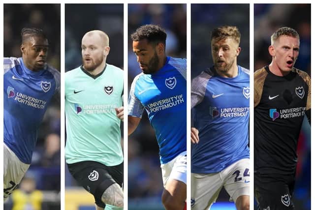From left: Jay Mingi, Connor Ogilvie, Louis Thompson, Michael Jacobs and Ronan Curtis are among Pompey's out-of-contract players next summer.