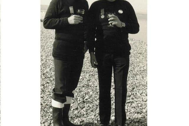 Dennis Faro, one of the most decorated crew members of Portsmouth RNLI, has been honoured as the newest D-class lifeboat has been named after him. Pictured from L to R: William (Bill) Hawkins, and Dennis Faro.