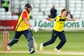 Liam Dawson celebrates as Michael Pepper of Essex Eagles is caught. Photo by Jacques Feeney/Getty Images.