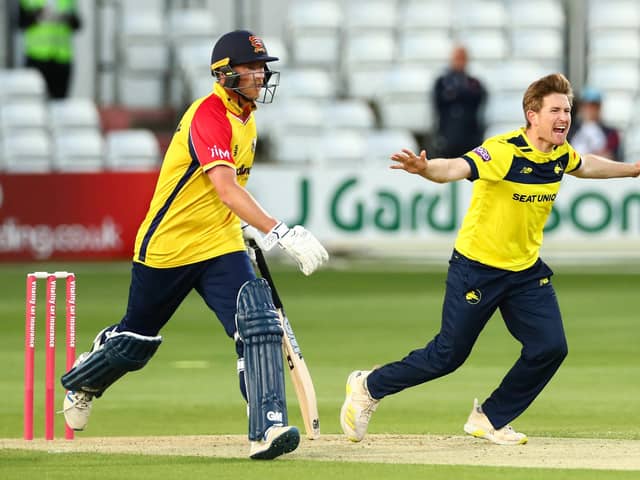 Liam Dawson celebrates as Michael Pepper of Essex Eagles is caught. Photo by Jacques Feeney/Getty Images.