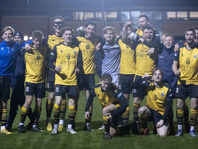 Baffins Milton Rovers players after beating Andover Town to reach the Wessex League Cup final. Picture by Simon Hill