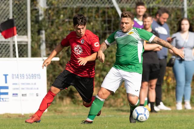 Locks Heath's Connor Johnson, left, was sent off in the dramatic Hampshire Premier League victory over Sway. Picture: Keith Woodland