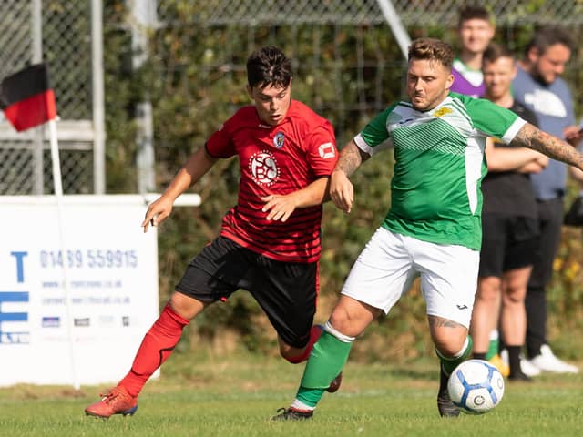Locks Heath's Connor Johnson, left, was sent off in the dramatic Hampshire Premier League victory over Sway. Picture: Keith Woodland