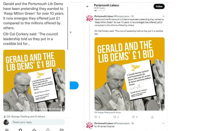 The original post on Portsmouth Labour's Twitter, right, with the amended image of Councillor Vernon-Jackson, left. Police are now investigating whether a crime has been committed after Labour appeared to use Cllr Vernon-Jackson's signature with a fake letter.