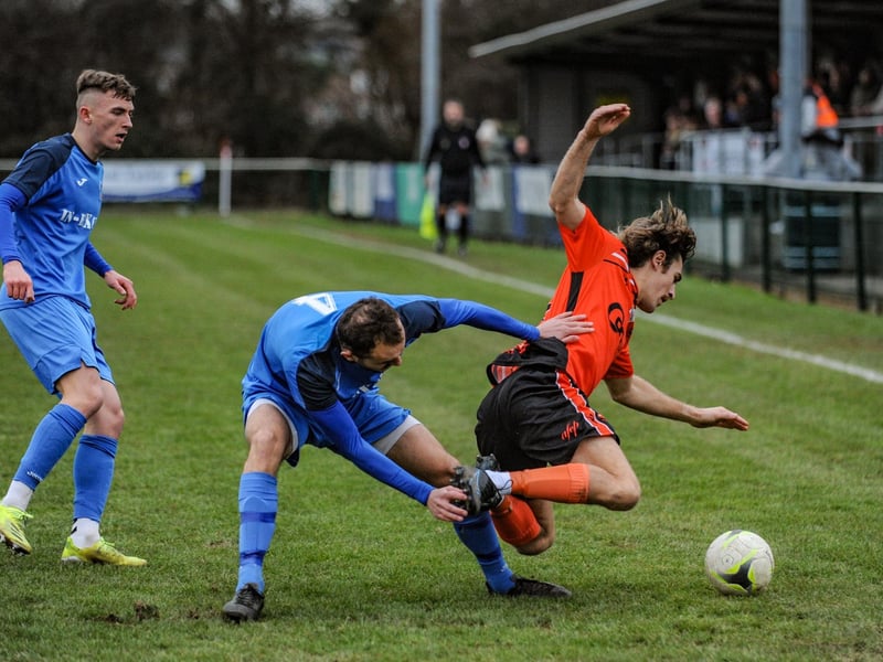 Scott Jones, right, is brought down. Picture by Daniel Haswell