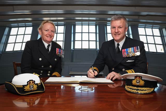 (L-R) RAdm Jude Terry OBE and RAdm Philip Hally CBE MBE in the Great Cabin in HMS Victory.