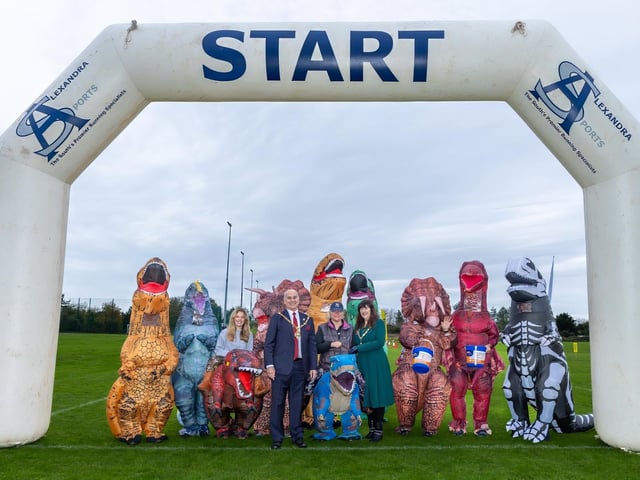 MNDA charity dinosaur fundraisers with Gosport mayor Cllr Richard Earle and mayoress Debbie Sherman Photos by Alex Shute