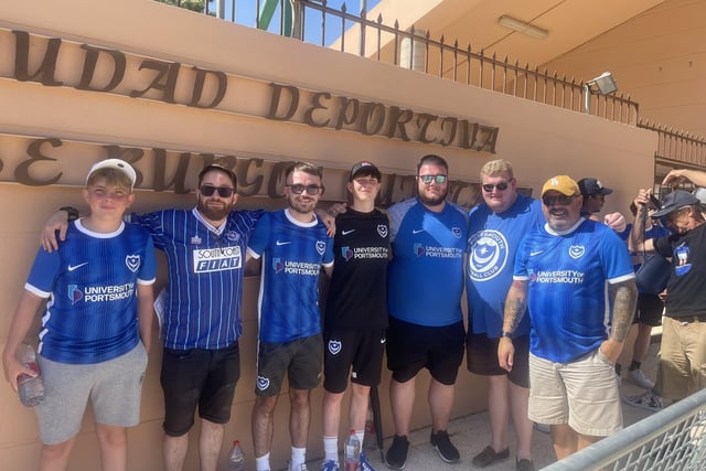 The Three Lads in the Pub's Jeff Harris, far right, and Fournilwrittenalloverit's Tom Chapman, third from left, join up with their friends and family to cheers on the Blues in Malaga. Picture:@jeffharris_665.
