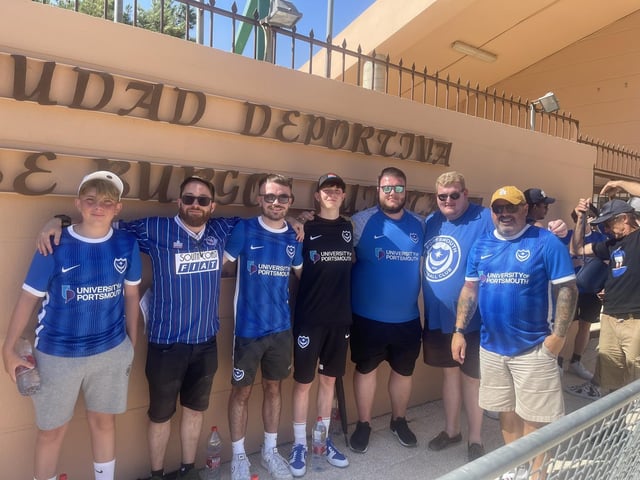 The Three Lads in the Pub's Jeff Harris, far right, and Fournilwrittenalloverit's Tom Chapman, third from left, join up with their friends and family to cheers on the Blues in Malaga. Picture:@jeffharris_665.