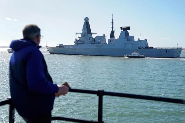 The Royal Navy type 45 Destroyer HMS Diamond leaves Portsmouth harbour. Picture date: Friday February 25, 2022.