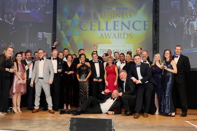Winners from the The News, Portsmouth Business Excellence Awards 2020 with (right) Mark Waldron, editor of The News, Portsmouth.
Picture: Sarah Standing (210220-8562)