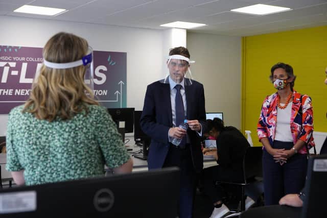 Education secretary Gavin Williamson at Havant & South Downs College on September 17 2020. Meon Valley MP Flick Drummond is pictured standing next to Mr Williamson. Picture: Habibur Rahman