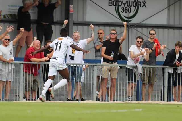 Hawks fans celebrate Roarie Deacon's goal against Welling on the opening day of the 2019/20 season. The clubs meet again at Westleigh Park on the opening day of 2021/22 on August 14. Photo by Dave Haines.