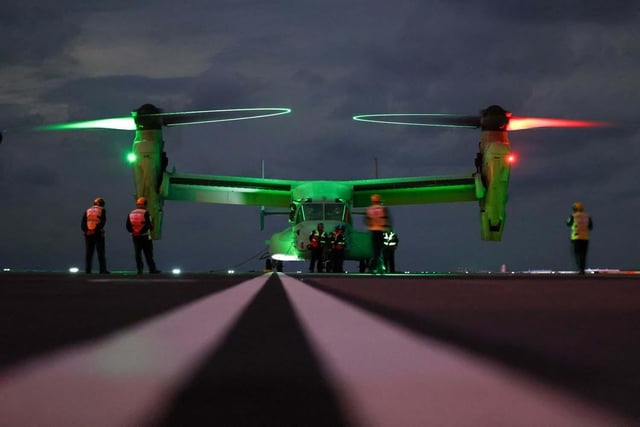 Osprey from VMM 263, and other aircraft, conducted night flying training on HMS Prince of Wales during her deployment in the USA.