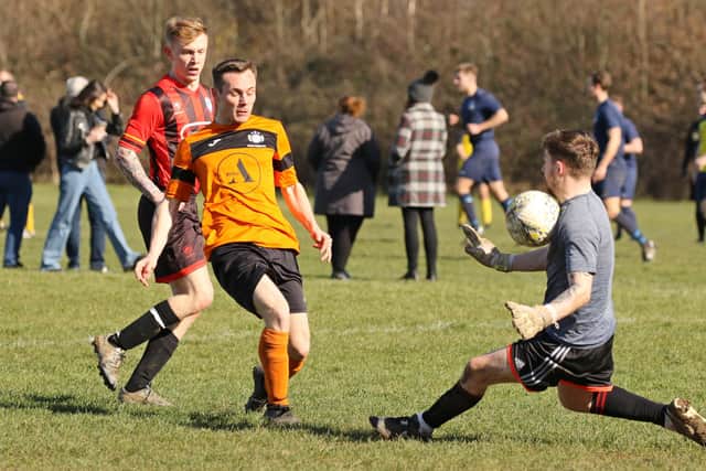 The Shepherd's Crook keeper saves a Mother Shipton shot during his side's 4-0 Hampshire Vase 5th rd loss. Picture: Kevin Shipp