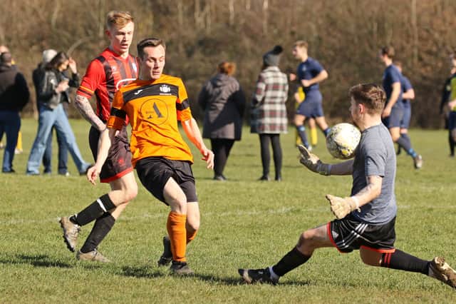 The Shepherd's Crook keeper saves a Mother Shipton shot during his side's 4-0 Hampshire Vase 5th rd loss. Picture: Kevin Shipp