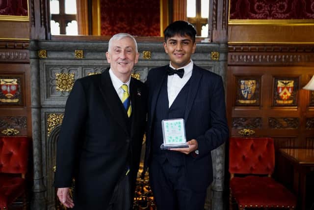 Hampshire Youth Parliament member Dev Sharma, right, with Sir Lindsay Hoyle, speaker of the House of Commons.