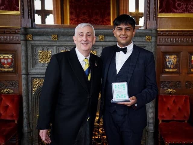 Hampshire Youth Parliament member Dev Sharma, right, with Sir Lindsay Hoyle, speaker of the House of Commons.