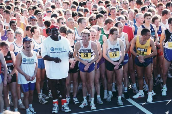 The Great South Run Oct 1995. Frank Bruno pictured left front and top right Steve Cram looking at camera. Picture: The News 0819-21