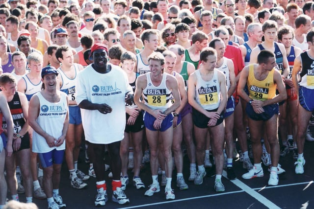 The Great South Run Oct 1995. Frank Bruno pictured left front and top right Steve Cram looking at camera. Picture: The News 0819-21