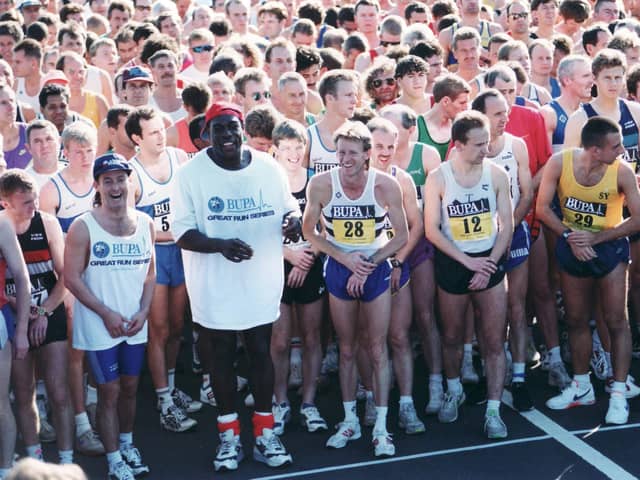 The Great South Run Oct 1995. Frank Bruno pictured left front and top right Steve Cram looking at camera. Picture: The News 0819-21