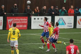 Recurring theme: Alfie Rutherford opens the scoring for Dorking on Boxing Day - the 10th time in 17 National League South games this season Hawks had conceded the opening goal. Picture: Dave Haines