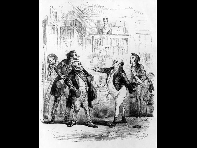 Samuel Pickwick (centre, right) with the unscupulous lawyers Dodson and Fogg, in a scene from Charles Dickens's first novel 'The Pickwick Papers', published as a serial from 1836 to 1837. Illustration by Phiz (Hablot Knight Browne, 1815 - 1882). (Photo by Hulton Archive/Getty Images)