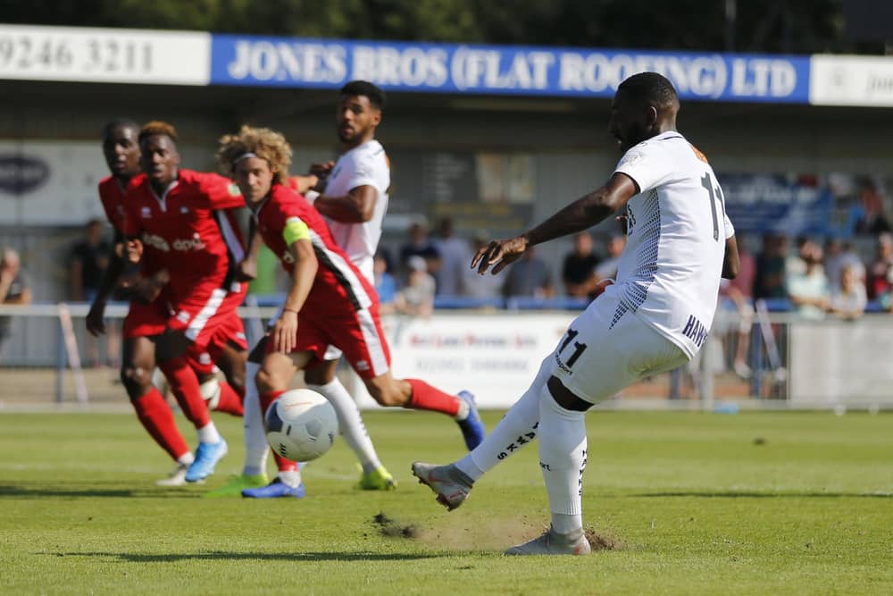 Roarie Deacon misses a penalty in Hawks' 0-0 home draw with Eastbourne Borough - he was one of five Hawks players to miss from 12 yards in 2019/20. Photo by Dave Haines/Portsmouth News