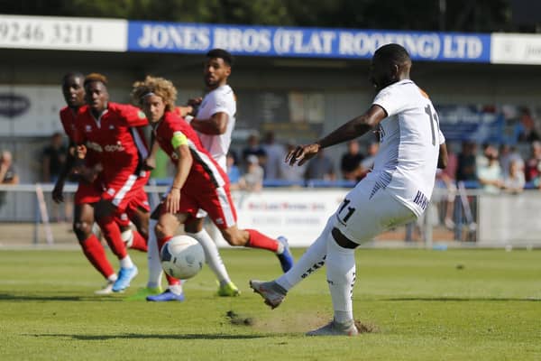 Roarie Deacon misses a penalty in Hawks' 0-0 home draw with Eastbourne Borough - he was one of five Hawks players to miss from 12 yards in 2019/20. Photo by Dave Haines/Portsmouth News