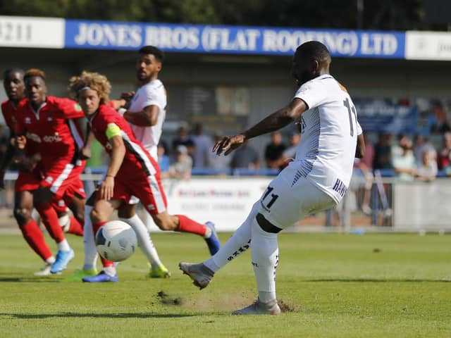 Roarie Deacon misses a penalty in Hawks' 0-0 home draw with Eastbourne Borough - he was one of five Hawks players to miss from 12 yards in 2019/20. Photo by Dave Haines/Portsmouth News