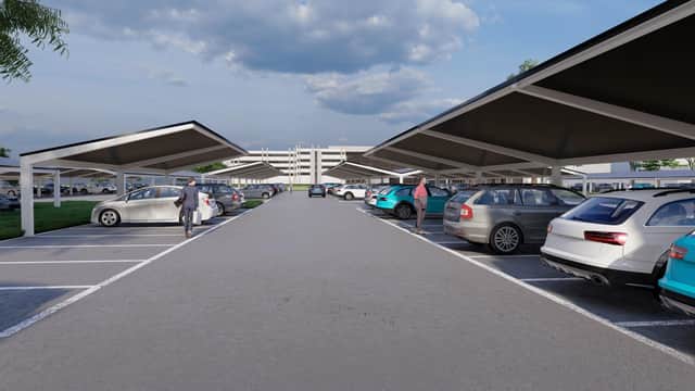 A CGI of the proposed solar car park canopies due to be installed at Lakeside Business Park in Portsmouth. Credit: Portsmouth City Council