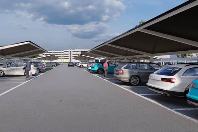 A CGI of the proposed solar car park canopies due to be installed at Lakeside Business Park in Portsmouth. Credit: Portsmouth City Council