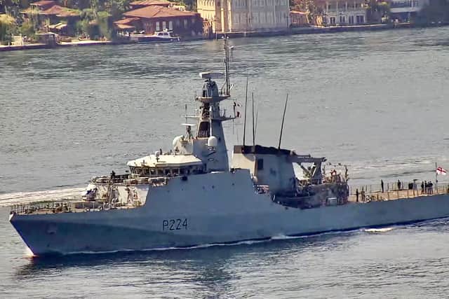 HMS Trent heading back in towards the Black Sea to join Exercise Sea Breeze 21, a Nato war game. Photo: Cavit Ege Tulça