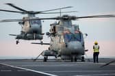 HMS Prince of Wales is taking part in Nato's Exercise Cold Response and has embarked Merlin submarine hunting helicopters Safeguard and Avenger from 820 Naval Air Squadron
Picture: Royal Navy